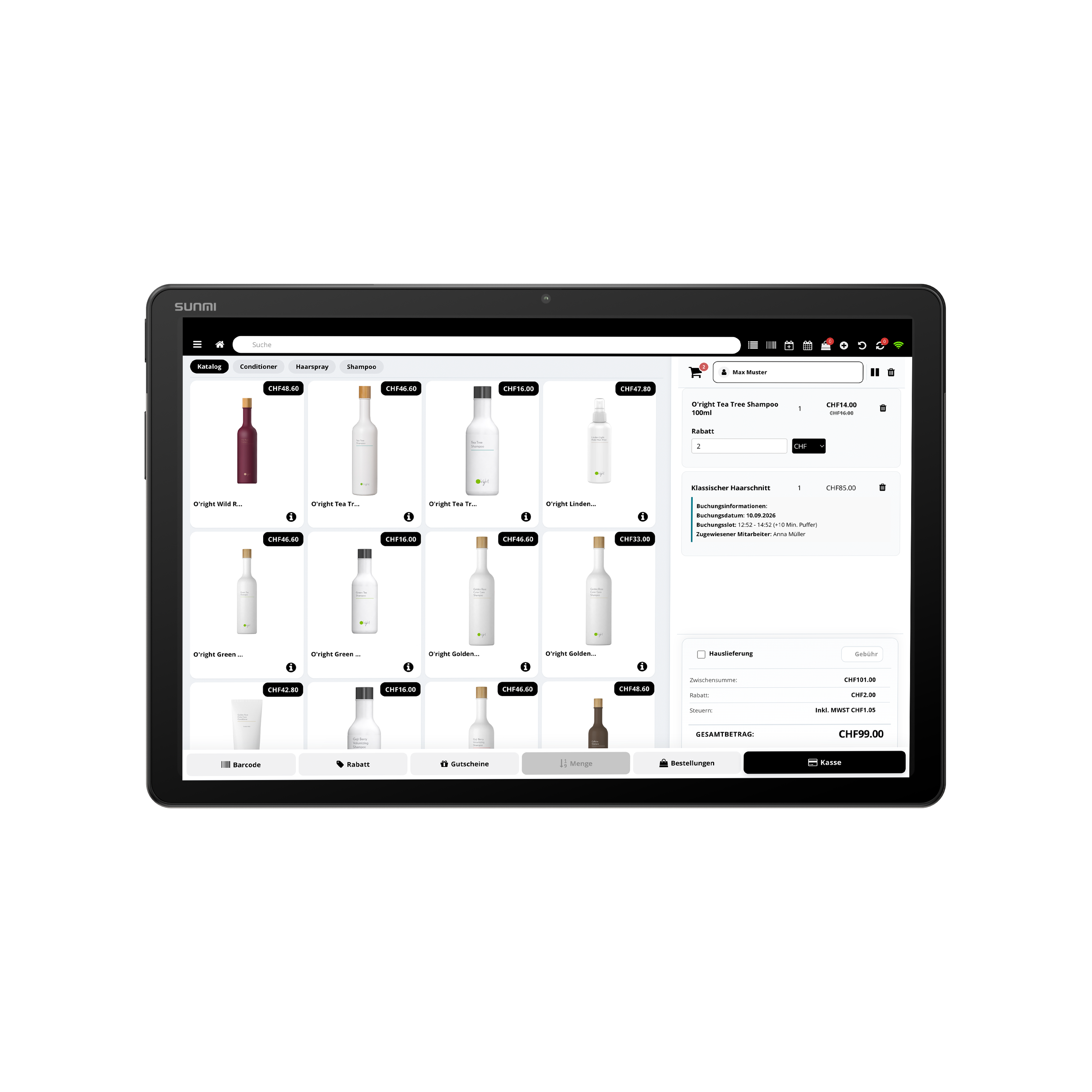 TiKKE Kasse auf dem Tablet, Frontansicht mit Produktkatalog und Warenkorb